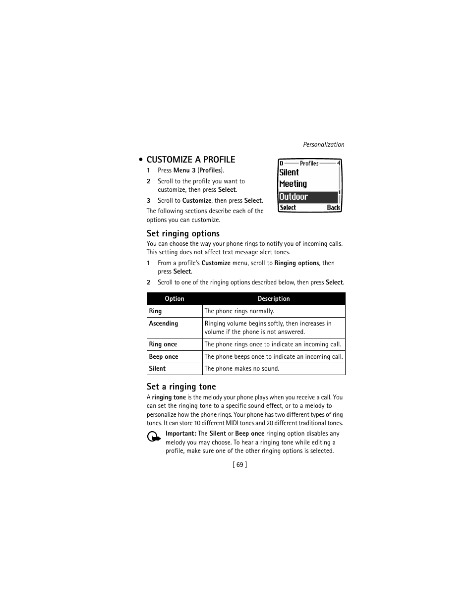 Customize a profile, Set ringing options, Set a ringing tone | Nokia 3586I User Manual | Page 78 / 177