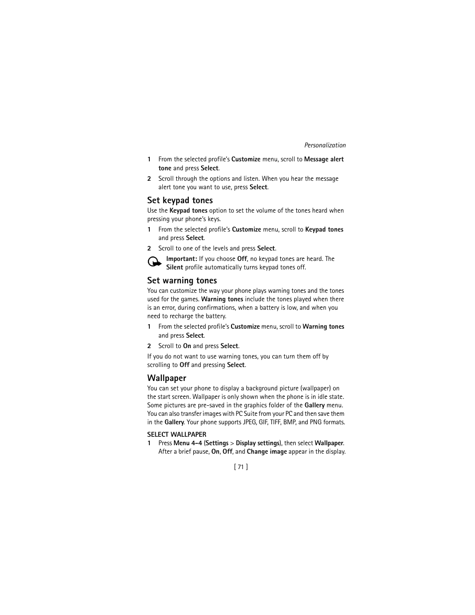 Set keypad tones, Set warning tones, Wallpaper | Nokia 3586I User Manual | Page 80 / 177