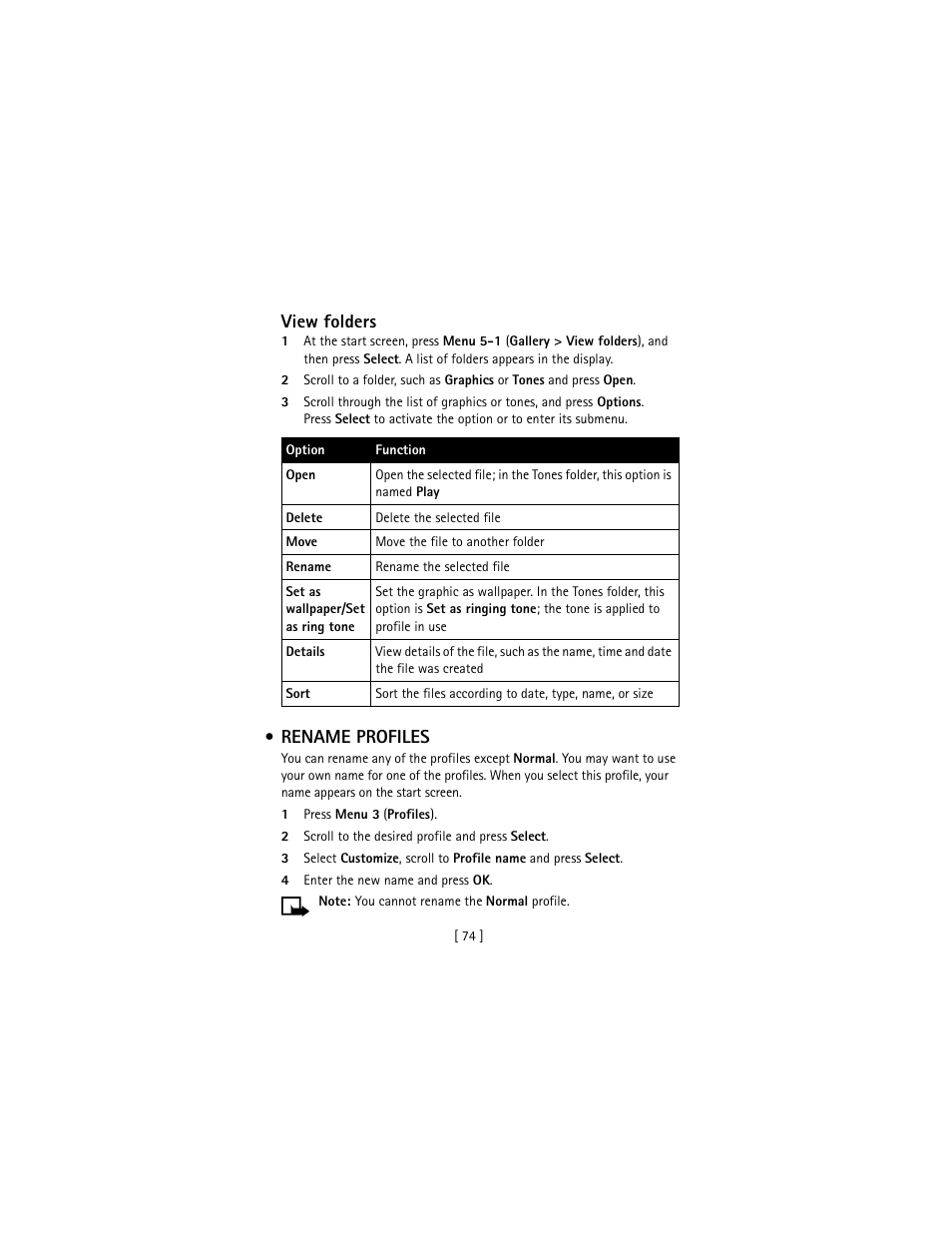 Rename profiles, View folders | Nokia 3586I User Manual | Page 83 / 177