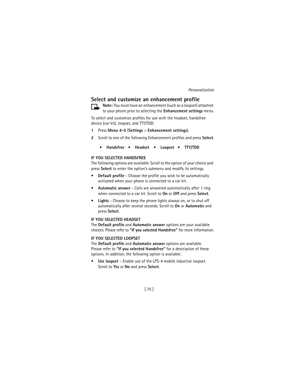 Select and customize an enhancement profile | Nokia 3586I User Manual | Page 84 / 177