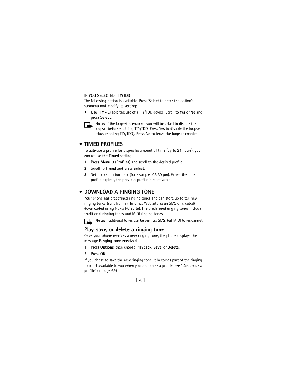 Timed profiles, Download a ringing tone, Timed profiles download a ringing tone | Play, save, or delete a ringing tone | Nokia 3586I User Manual | Page 85 / 177