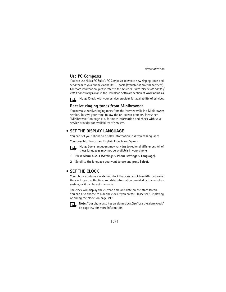 Set the display language, Set the clock, Set the display language set the clock | Nokia 3586I User Manual | Page 86 / 177