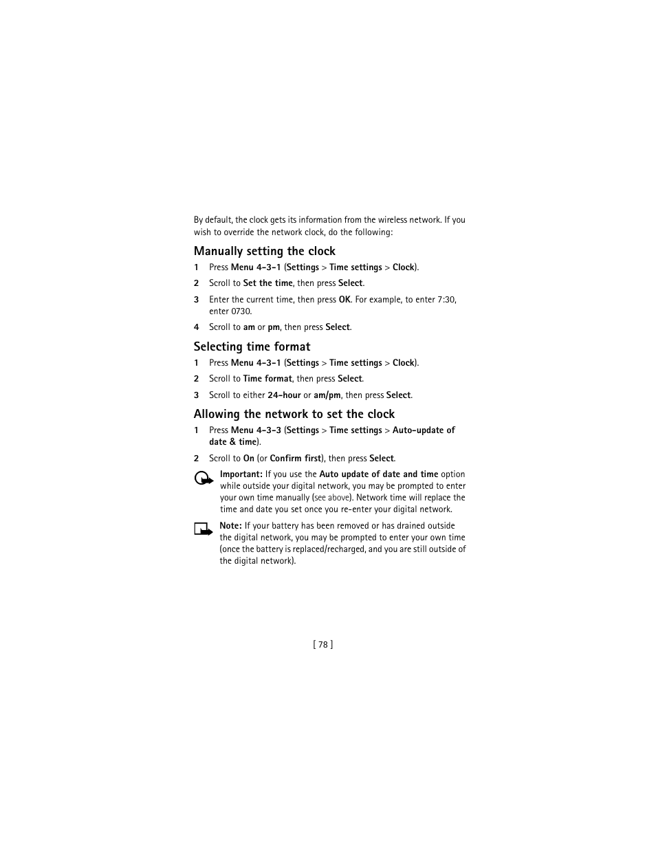 Manually setting the clock, Selecting time format, Allowing the network to set the clock | Nokia 3586I User Manual | Page 87 / 177