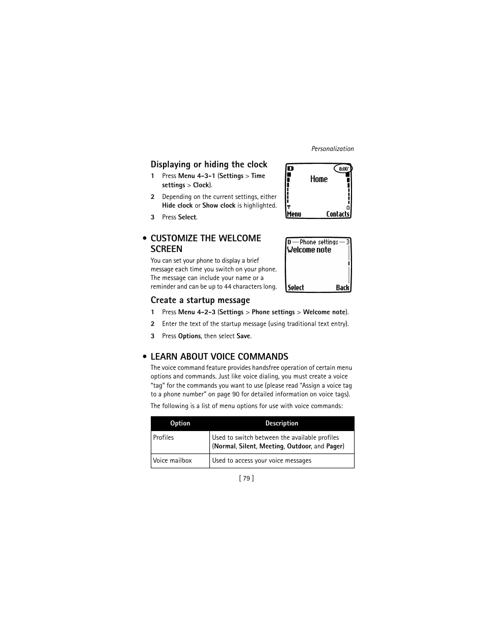 Customize the welcome screen, Learn about voice commands | Nokia 3586I User Manual | Page 88 / 177