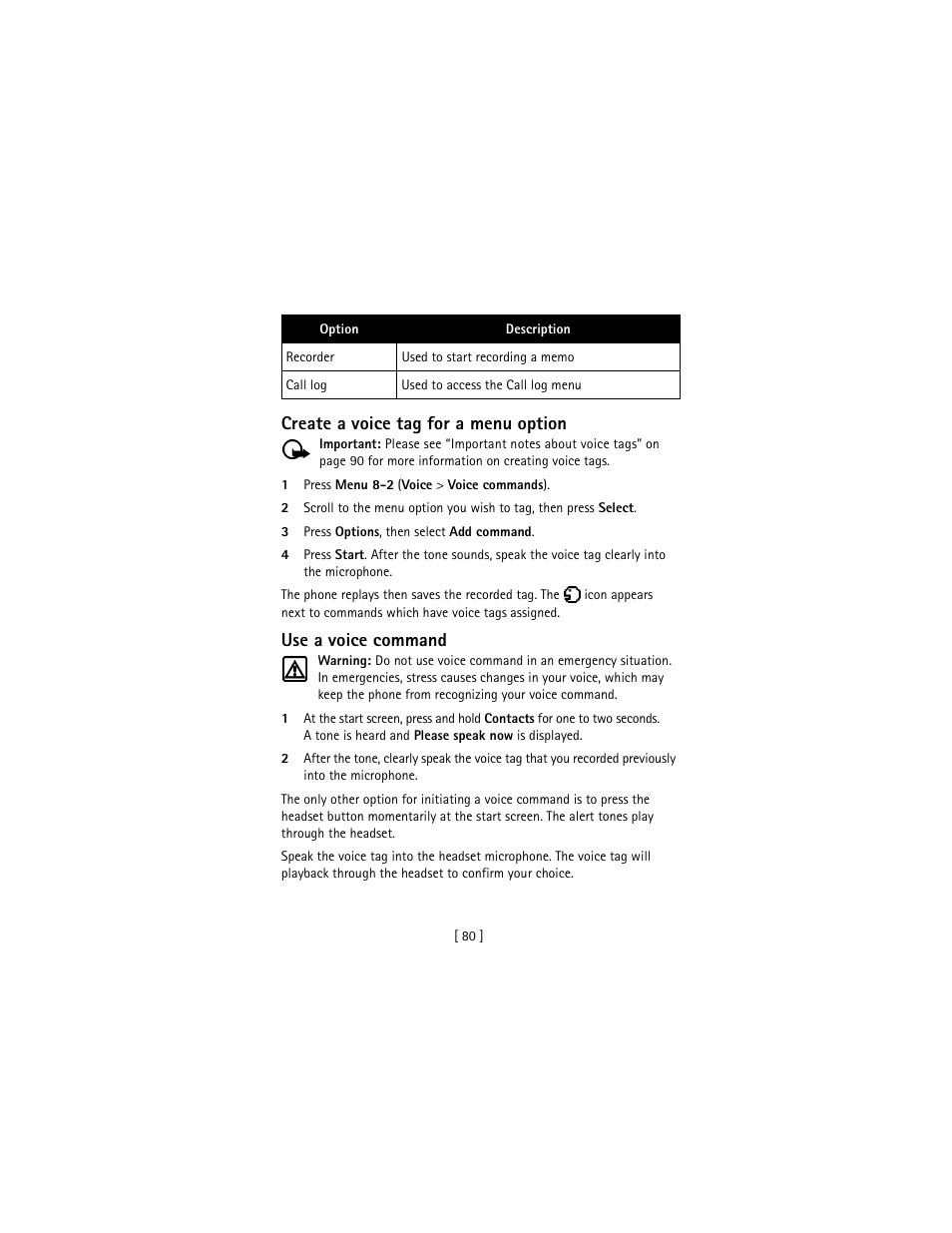 Create a voice tag for a menu option, Use a voice command | Nokia 3586I User Manual | Page 89 / 177