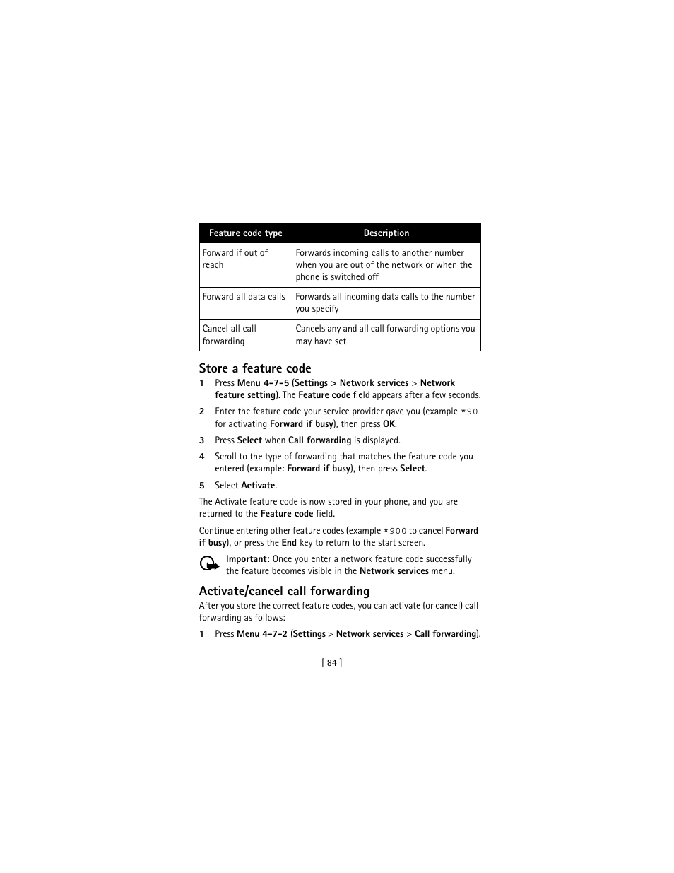 Store a feature code, Activate/cancel call forwarding | Nokia 3586I User Manual | Page 93 / 177
