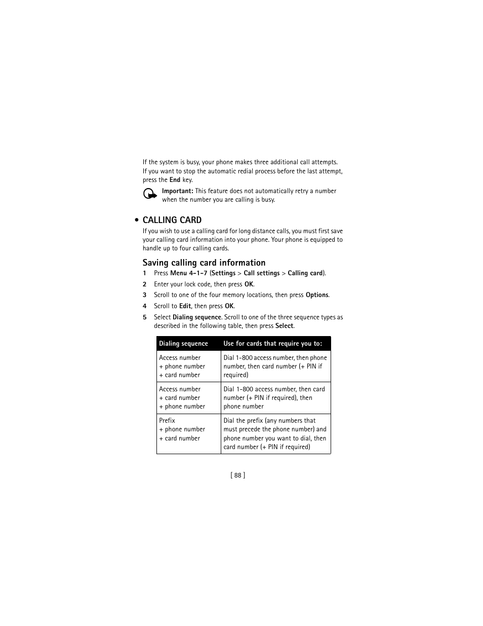 Calling card, Saving calling card information | Nokia 3586I User Manual | Page 97 / 177