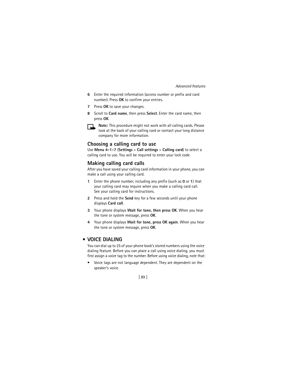 Voice dialing, Choosing a calling card to use, Making calling card calls | Nokia 3586I User Manual | Page 98 / 177