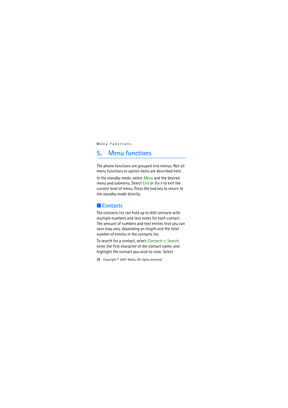 Menu functions, Contacts | Nokia 1325 User Manual | Page 28 / 88