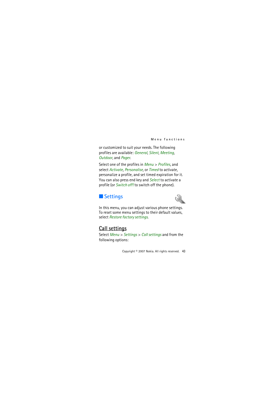 Settings, Call settings | Nokia 1325 User Manual | Page 43 / 88