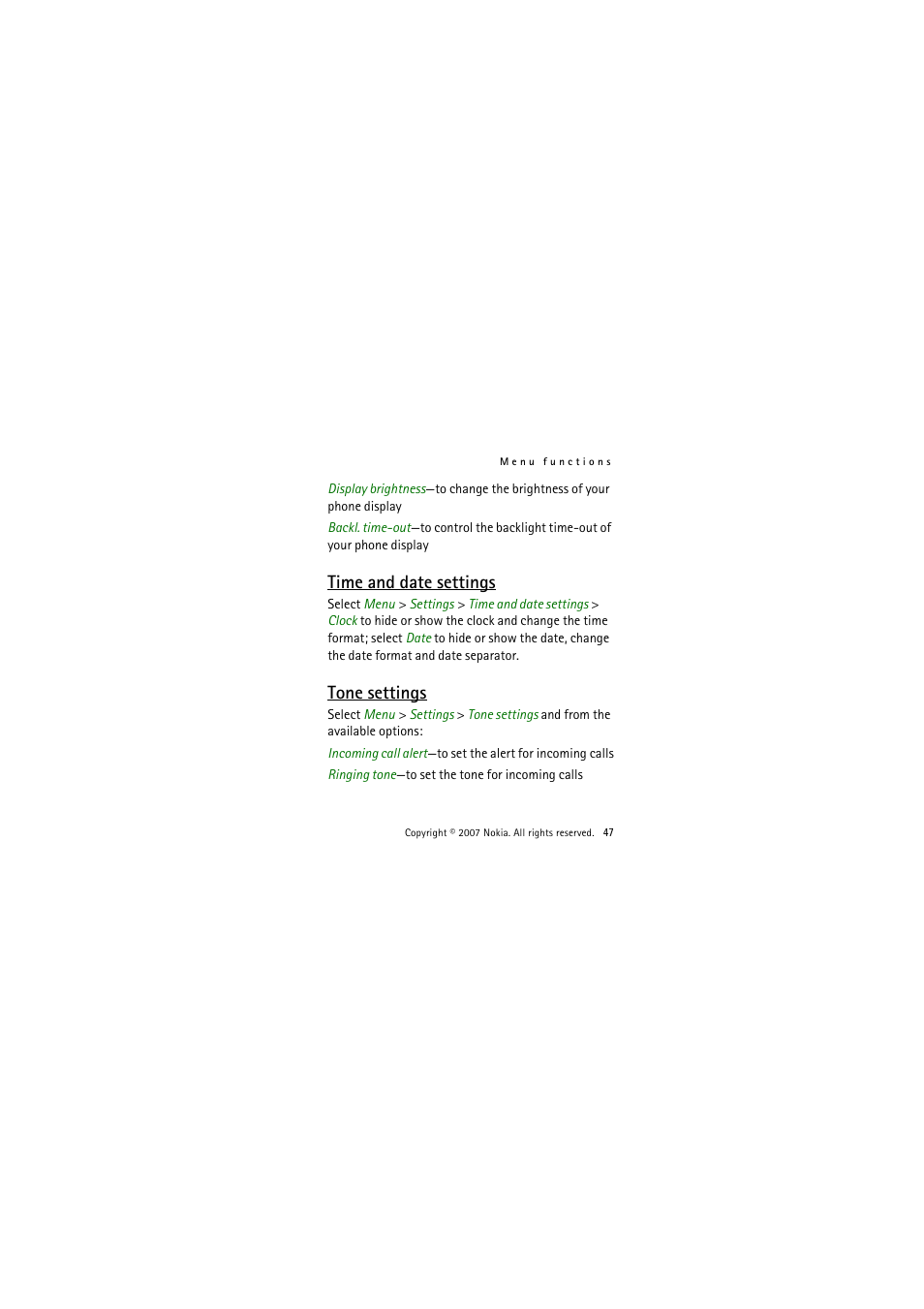 Time and date settings, Tone settings, Time and date settings tone settings | Nokia 1325 User Manual | Page 47 / 88
