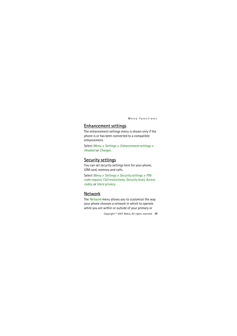 Enhancement settings, Security settings, Network | Enhancement settings security settings | Nokia 1325 User Manual | Page 49 / 88