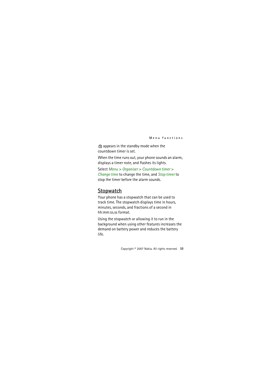 Stopwatch | Nokia 1325 User Manual | Page 59 / 88