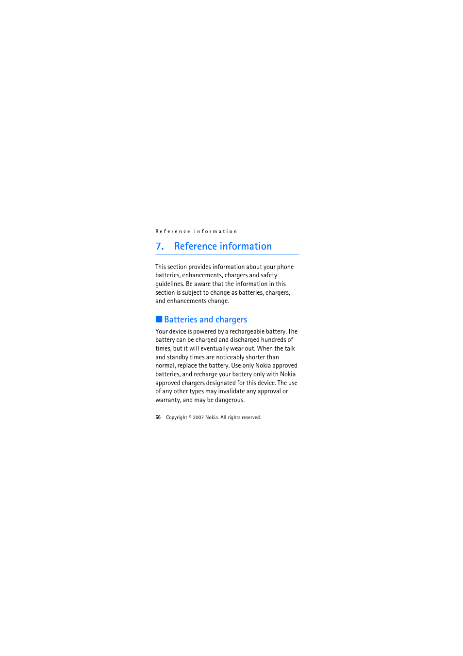 Reference information, Batteries and chargers | Nokia 1325 User Manual | Page 66 / 88