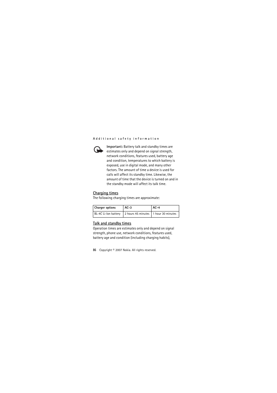 Charging times, Talk and standby times, Charging times talk and standby times | Nokia 1325 User Manual | Page 86 / 88