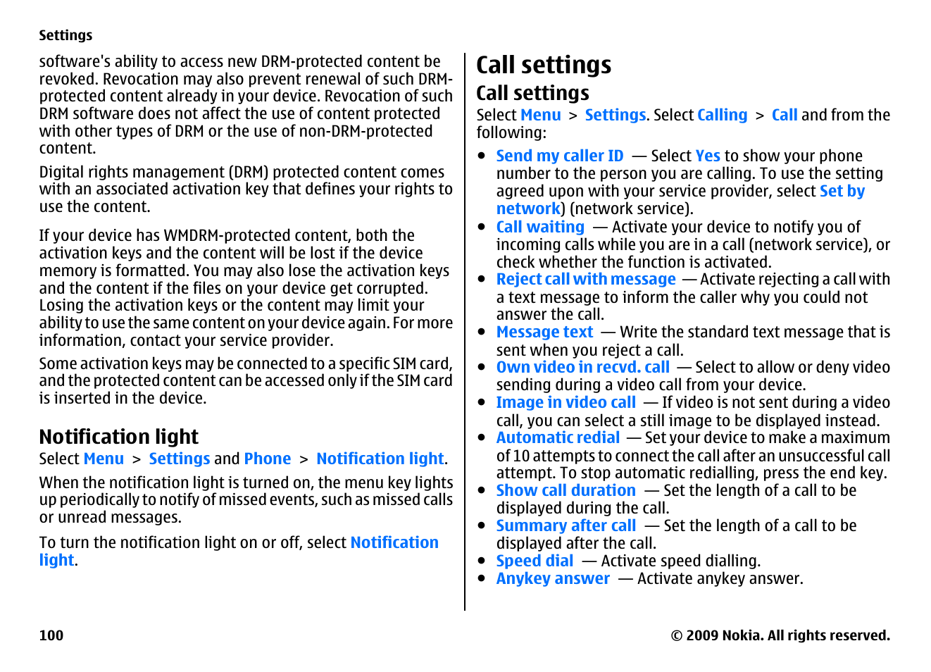 Notification light, Call settings | Nokia XPRESSMUSIC 5800 User Manual | Page 100 / 116