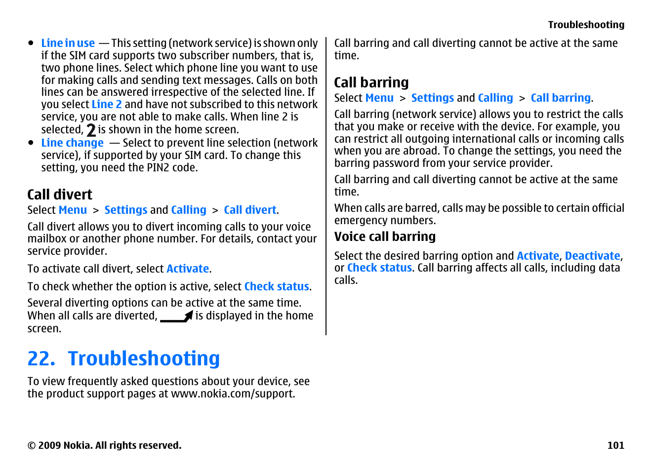 Call divert, Call barring, Troubleshooting | Nokia XPRESSMUSIC 5800 User Manual | Page 101 / 116