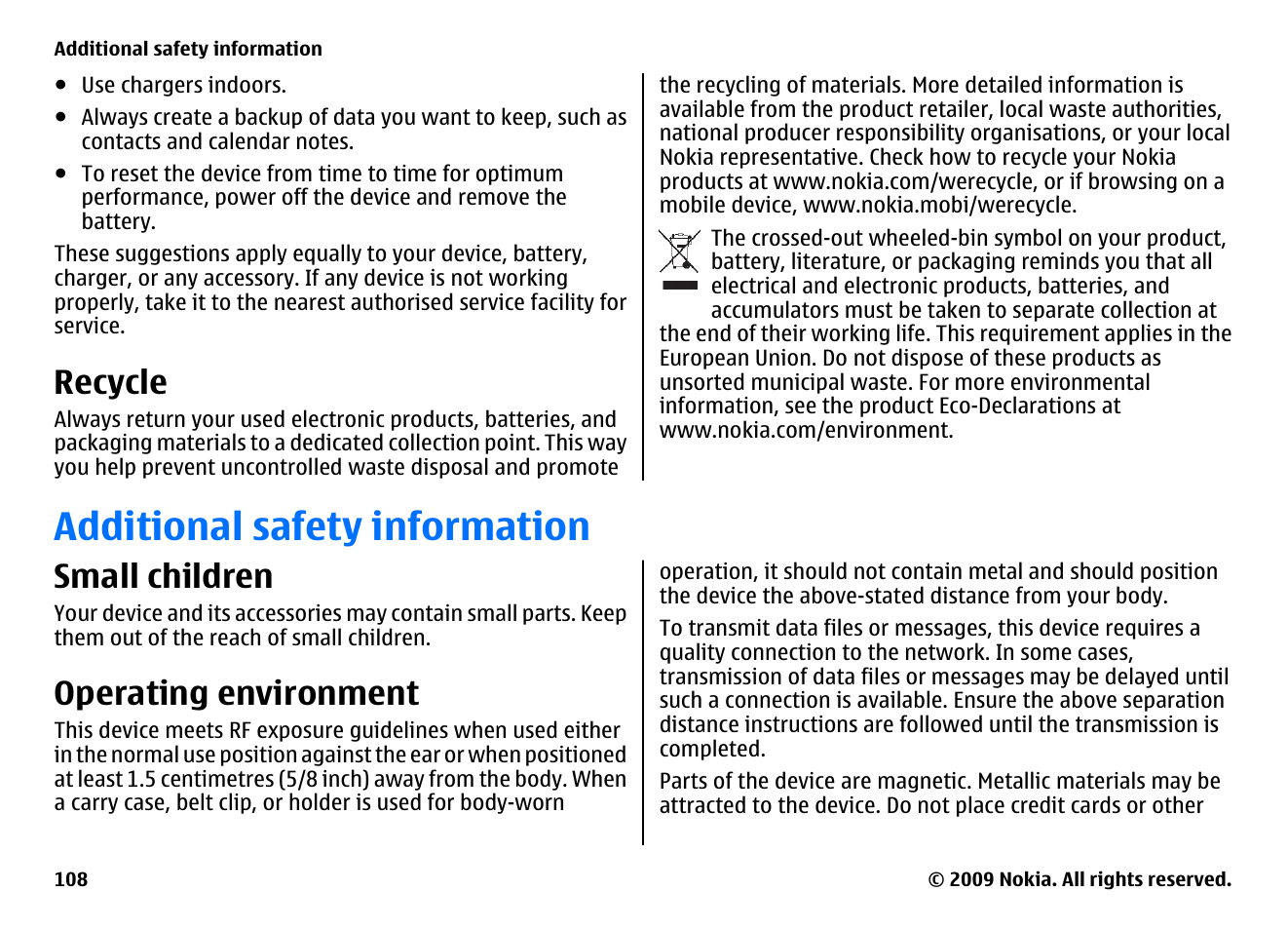 Recycle, Additional safety information, Small children | Operating environment | Nokia XPRESSMUSIC 5800 User Manual | Page 108 / 116