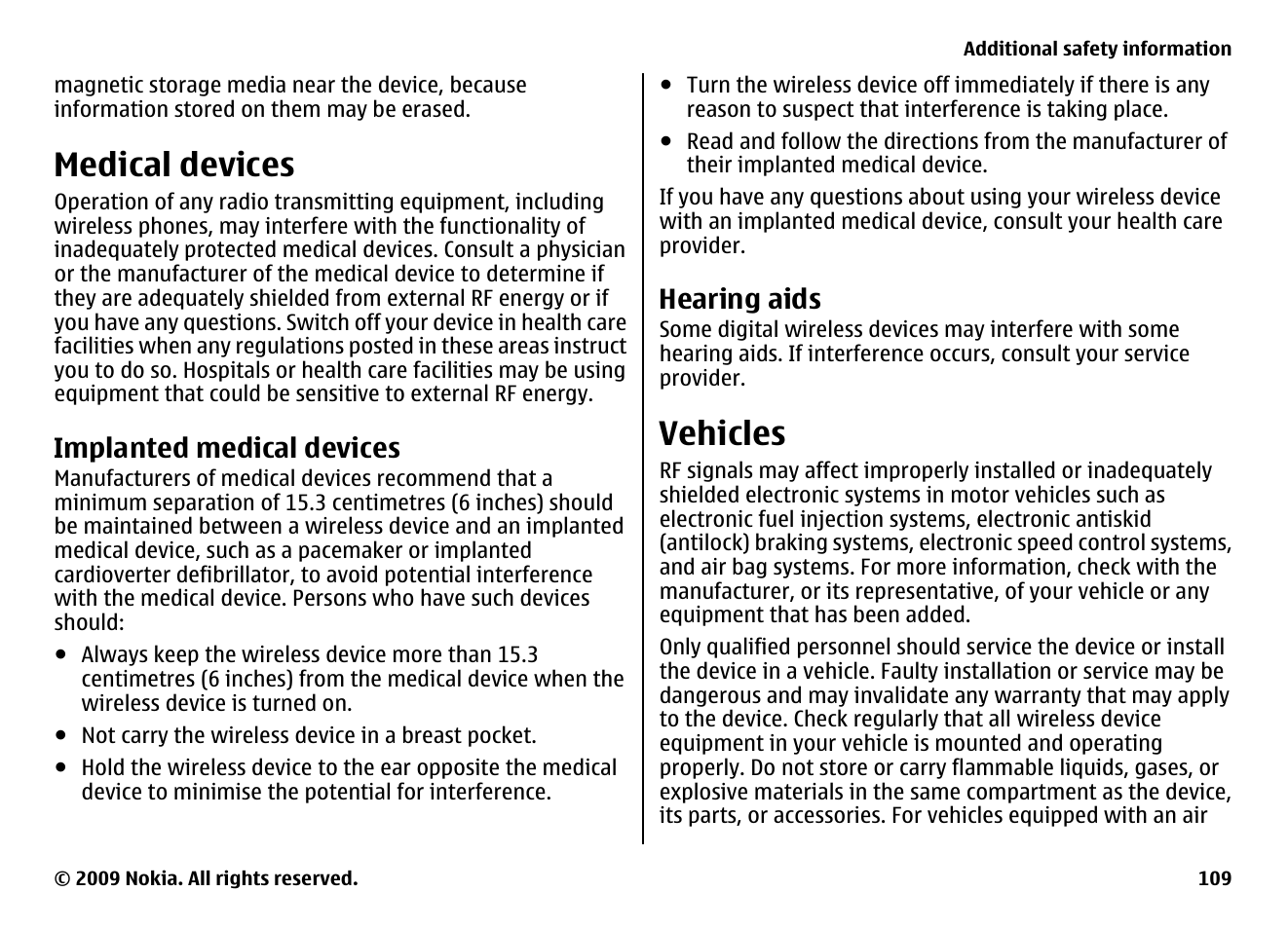 Medical devices, Implanted medical devices, Hearing aids | Vehicles | Nokia XPRESSMUSIC 5800 User Manual | Page 109 / 116