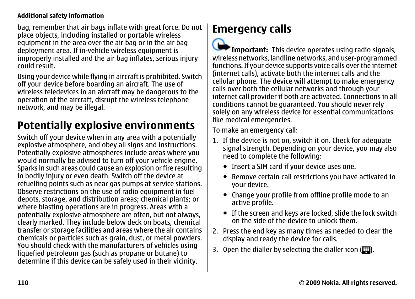 Potentially explosive environments, Emergency calls | Nokia XPRESSMUSIC 5800 User Manual | Page 110 / 116
