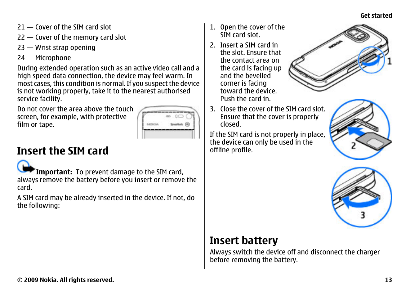 Insert the sim card, Insert battery | Nokia XPRESSMUSIC 5800 User Manual | Page 13 / 116