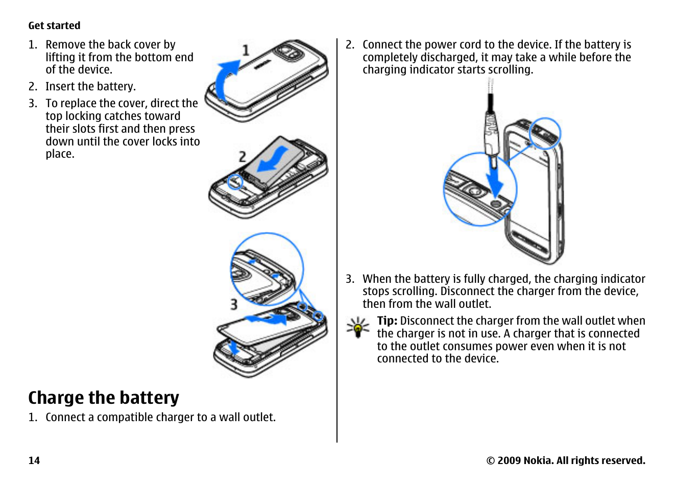 Charge the battery | Nokia XPRESSMUSIC 5800 User Manual | Page 14 / 116