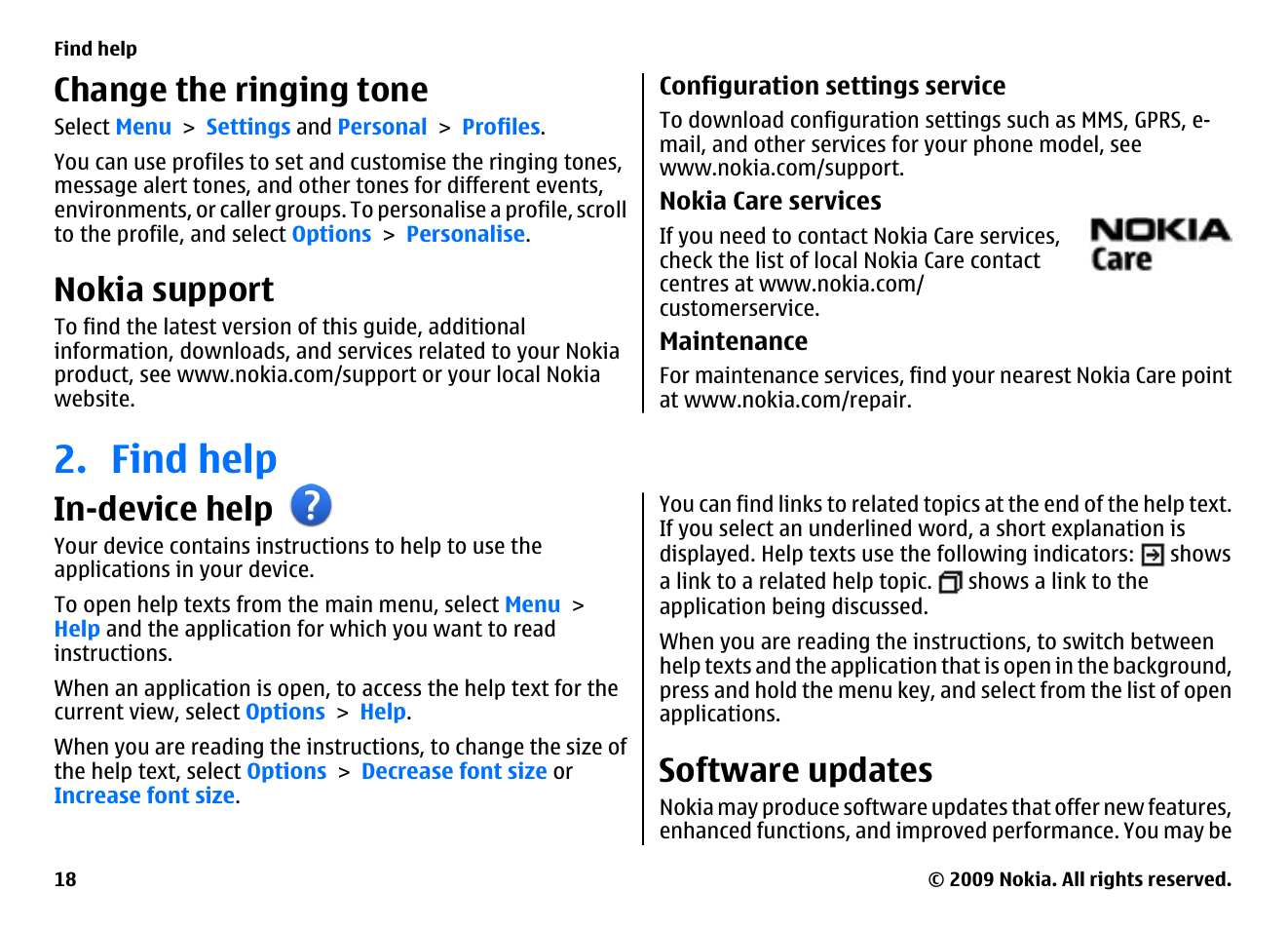 Change the ringing tone, Nokia support, Find help | In-device help, Software updates | Nokia XPRESSMUSIC 5800 User Manual | Page 18 / 116