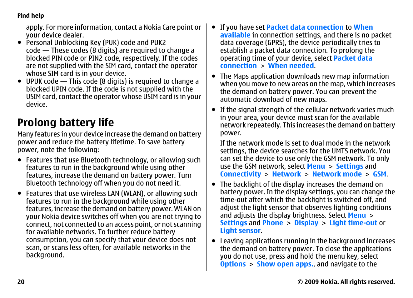Prolong battery life | Nokia XPRESSMUSIC 5800 User Manual | Page 20 / 116