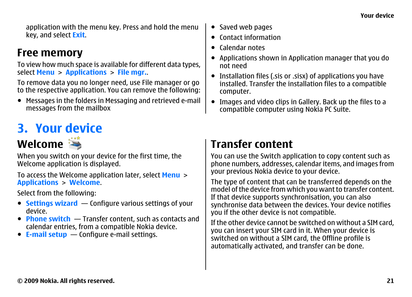 Free memory, Your device, Welcome | Transfer content | Nokia XPRESSMUSIC 5800 User Manual | Page 21 / 116