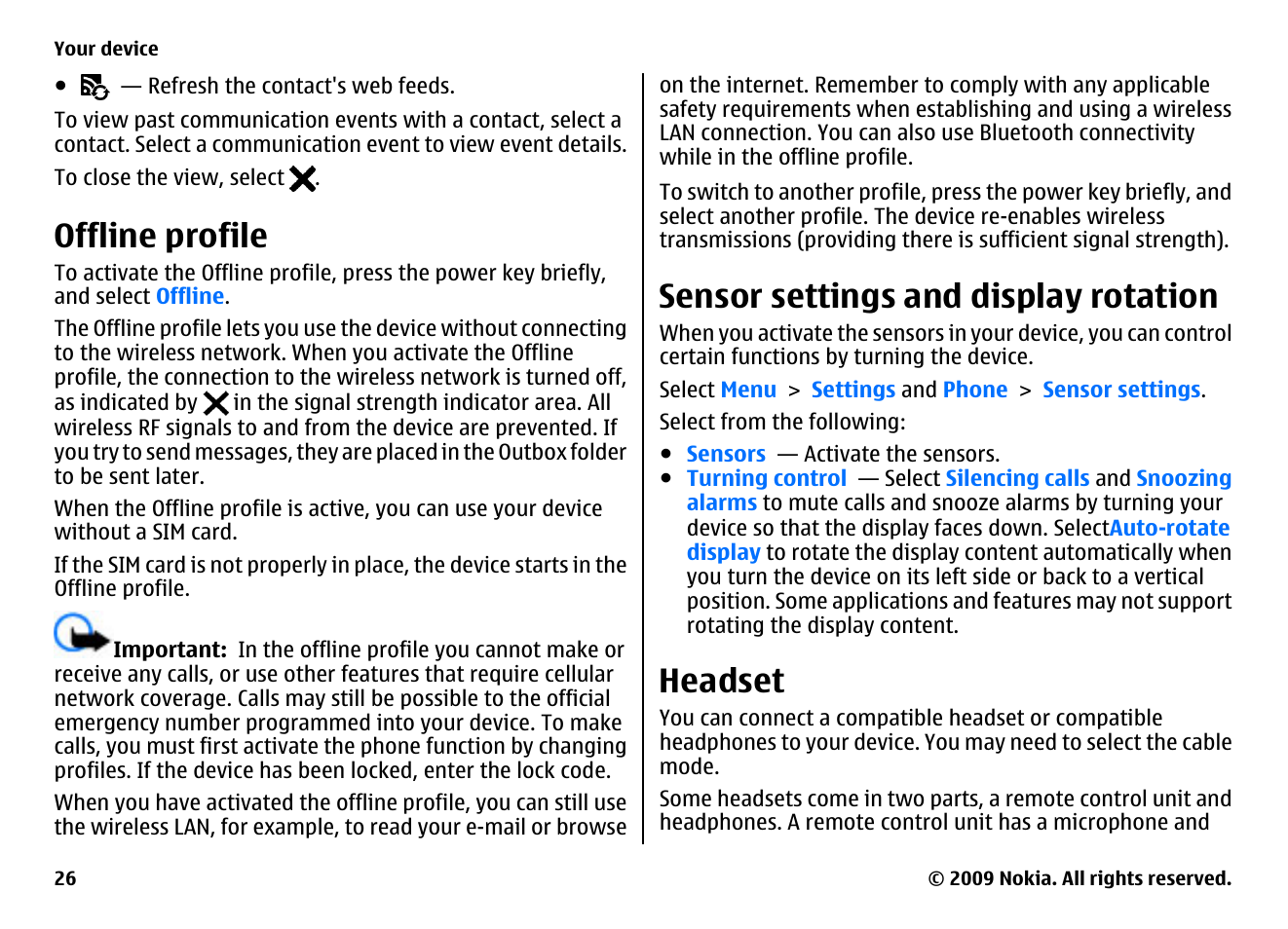 Offline profile, Sensor settings and display rotation, Headset | Nokia XPRESSMUSIC 5800 User Manual | Page 26 / 116