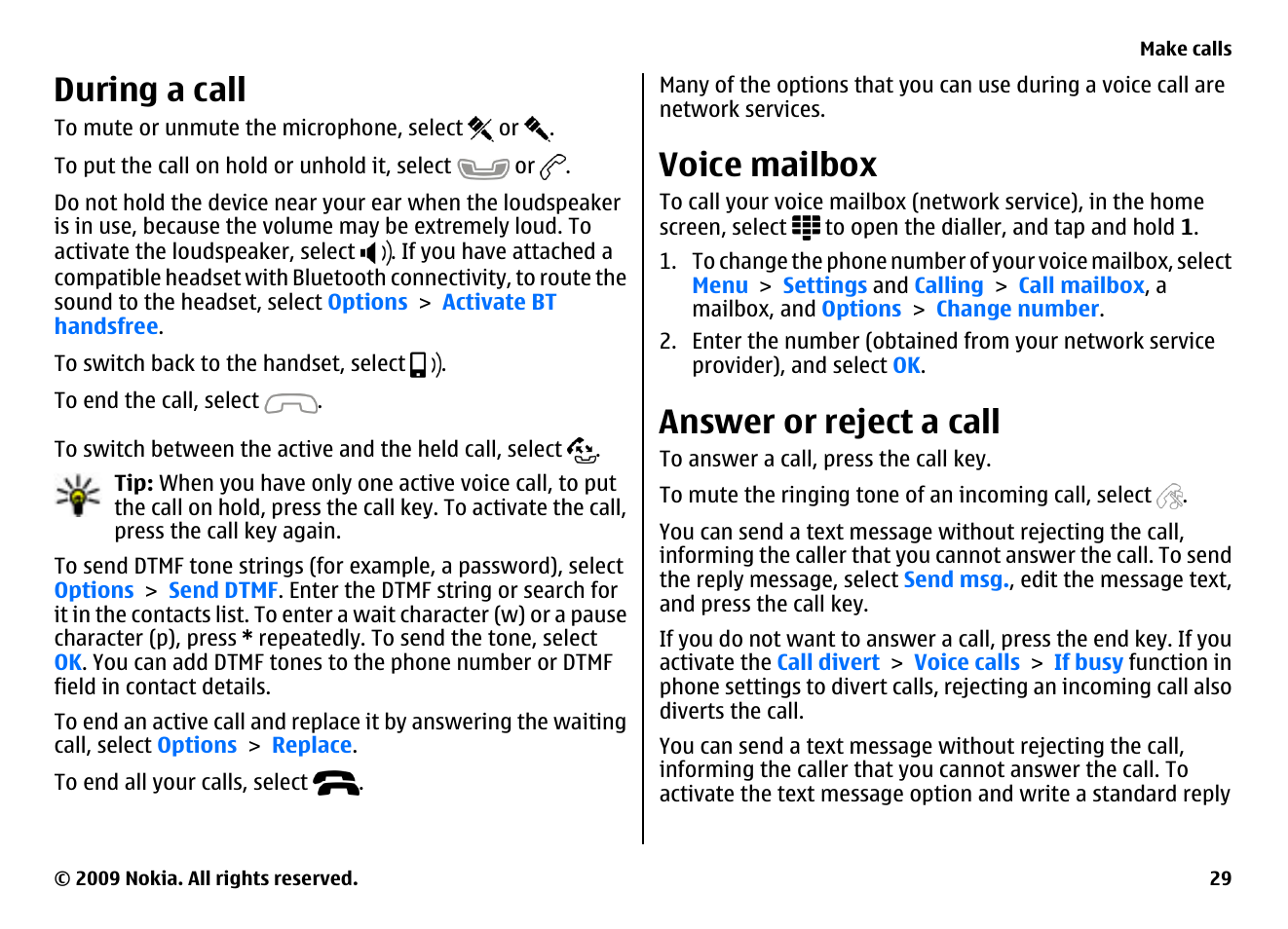 During a call, Voice mailbox, Answer or reject a call | Nokia XPRESSMUSIC 5800 User Manual | Page 29 / 116
