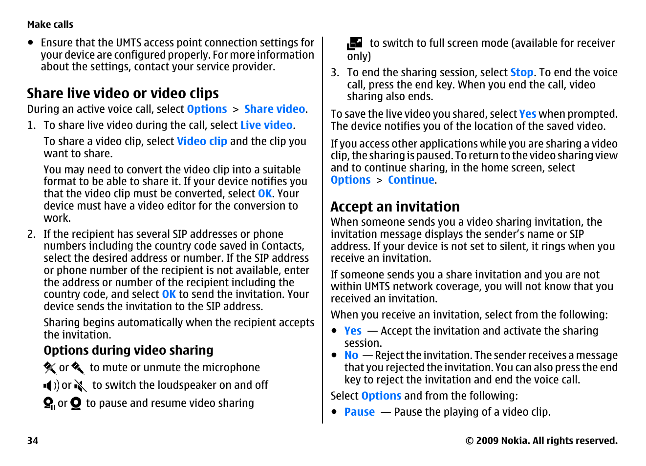 Share live video or video clips, Accept an invitation | Nokia XPRESSMUSIC 5800 User Manual | Page 34 / 116