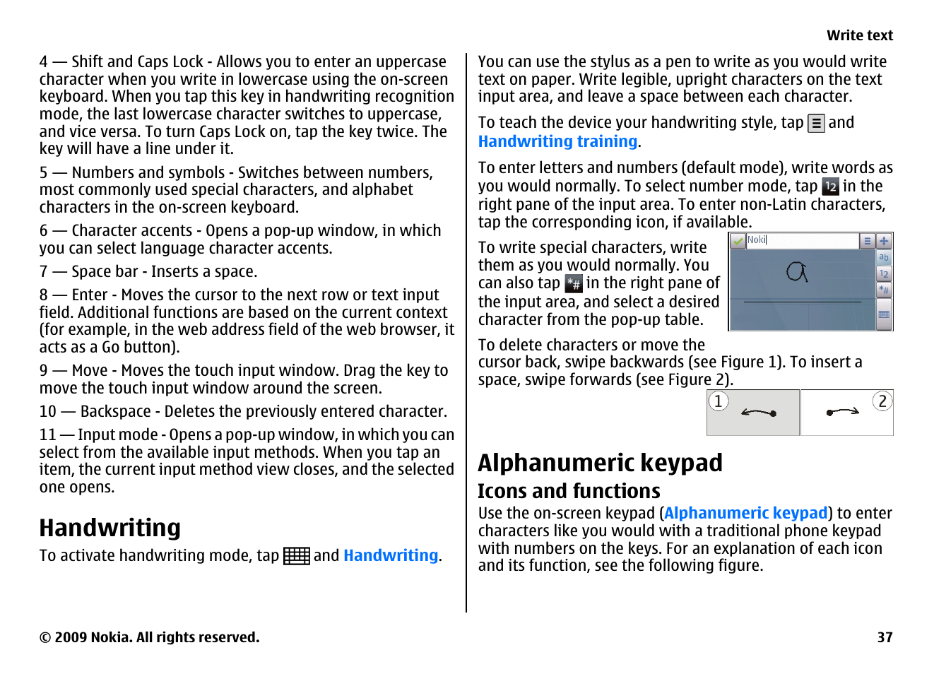 Handwriting, Alphanumeric keypad, Icons and functions | Nokia XPRESSMUSIC 5800 User Manual | Page 37 / 116