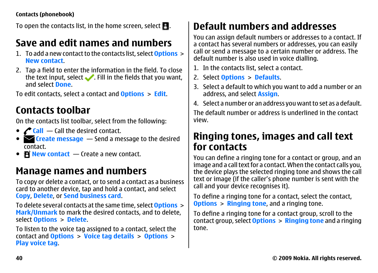 Save and edit names and numbers, Contacts toolbar, Manage names and numbers | Default numbers and addresses, Ringing tones, images and call text for contacts | Nokia XPRESSMUSIC 5800 User Manual | Page 40 / 116