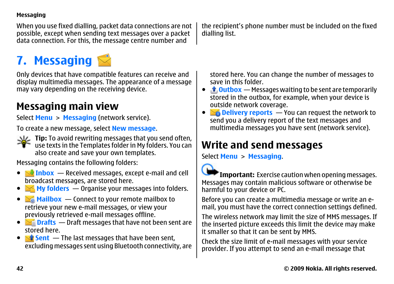 Messaging, Messaging main view, Write and send messages | Nokia XPRESSMUSIC 5800 User Manual | Page 42 / 116