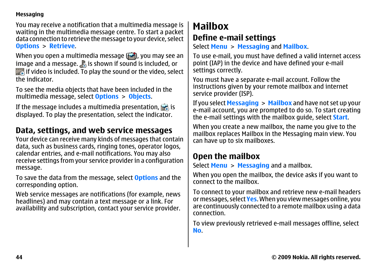 Data, settings, and web service messages, Mailbox, Define e-mail settings | Open the mailbox | Nokia XPRESSMUSIC 5800 User Manual | Page 44 / 116