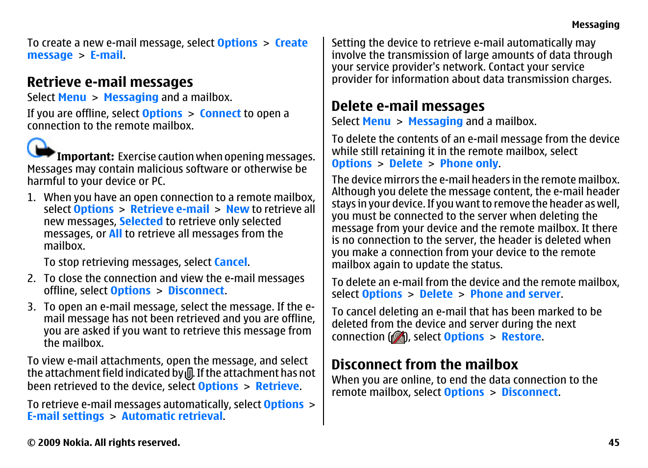 Retrieve e-mail messages, Delete e-mail messages, Disconnect from the mailbox | Nokia XPRESSMUSIC 5800 User Manual | Page 45 / 116