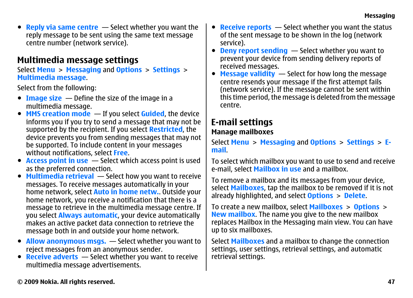 Multimedia message settings, E-mail settings, Manage mailboxes | Nokia XPRESSMUSIC 5800 User Manual | Page 47 / 116