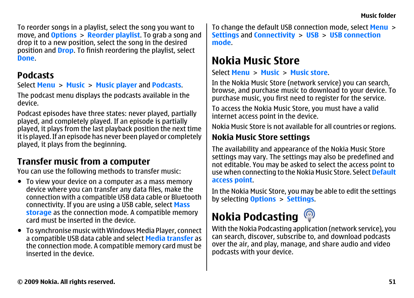 Podcasts, Transfer music from a computer, Nokia music store | Nokia podcasting | Nokia XPRESSMUSIC 5800 User Manual | Page 51 / 116