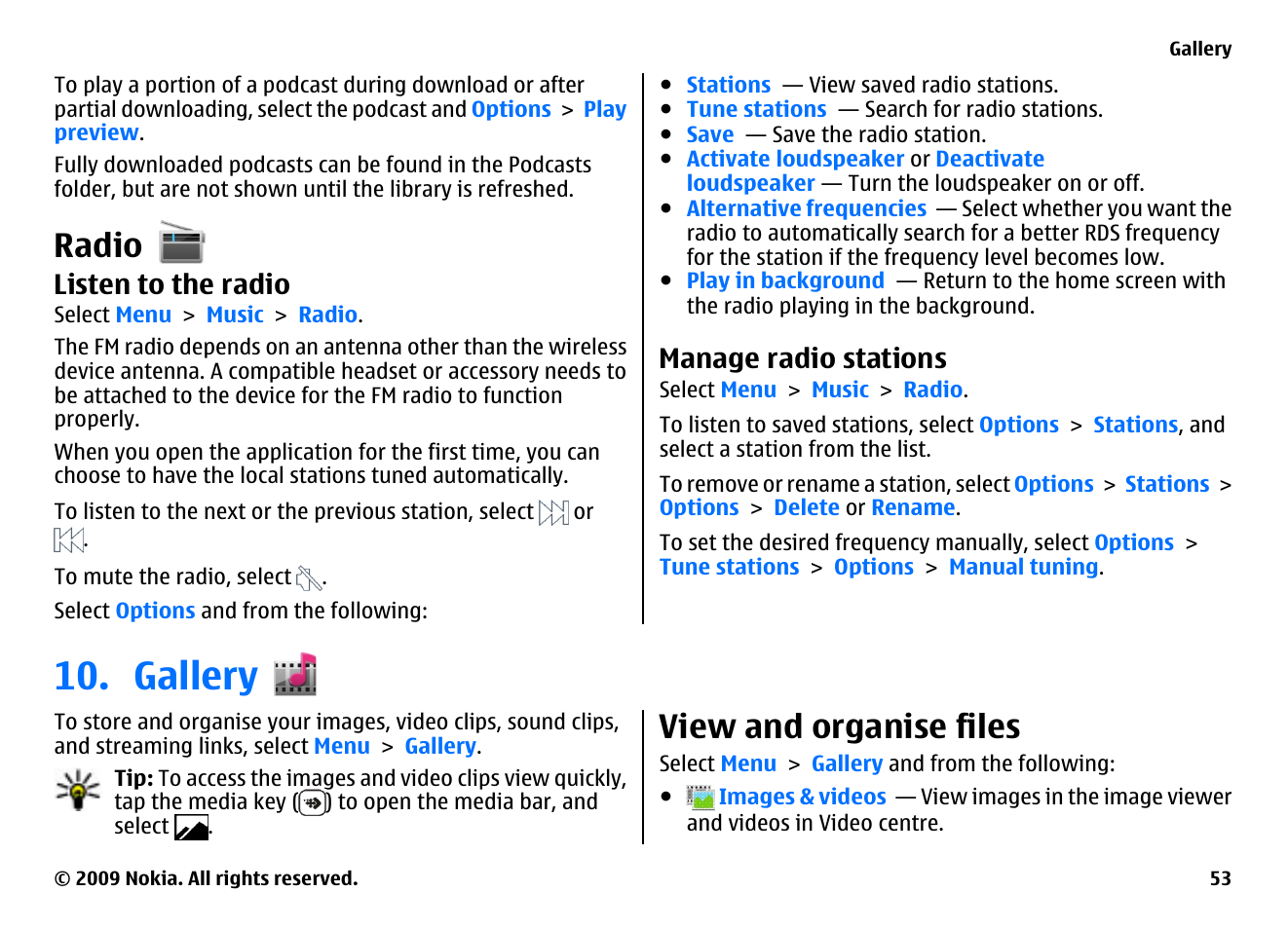 Radio, Listen to the radio, Manage radio stations | Gallery, View and organise files | Nokia XPRESSMUSIC 5800 User Manual | Page 53 / 116