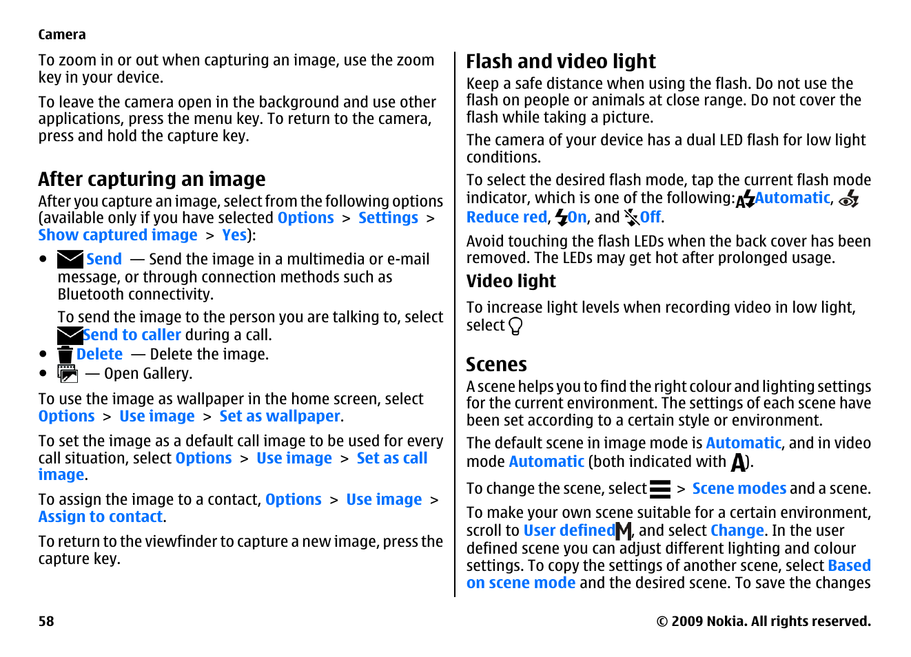 After capturing an image, Flash and video light, Scenes | Nokia XPRESSMUSIC 5800 User Manual | Page 58 / 116