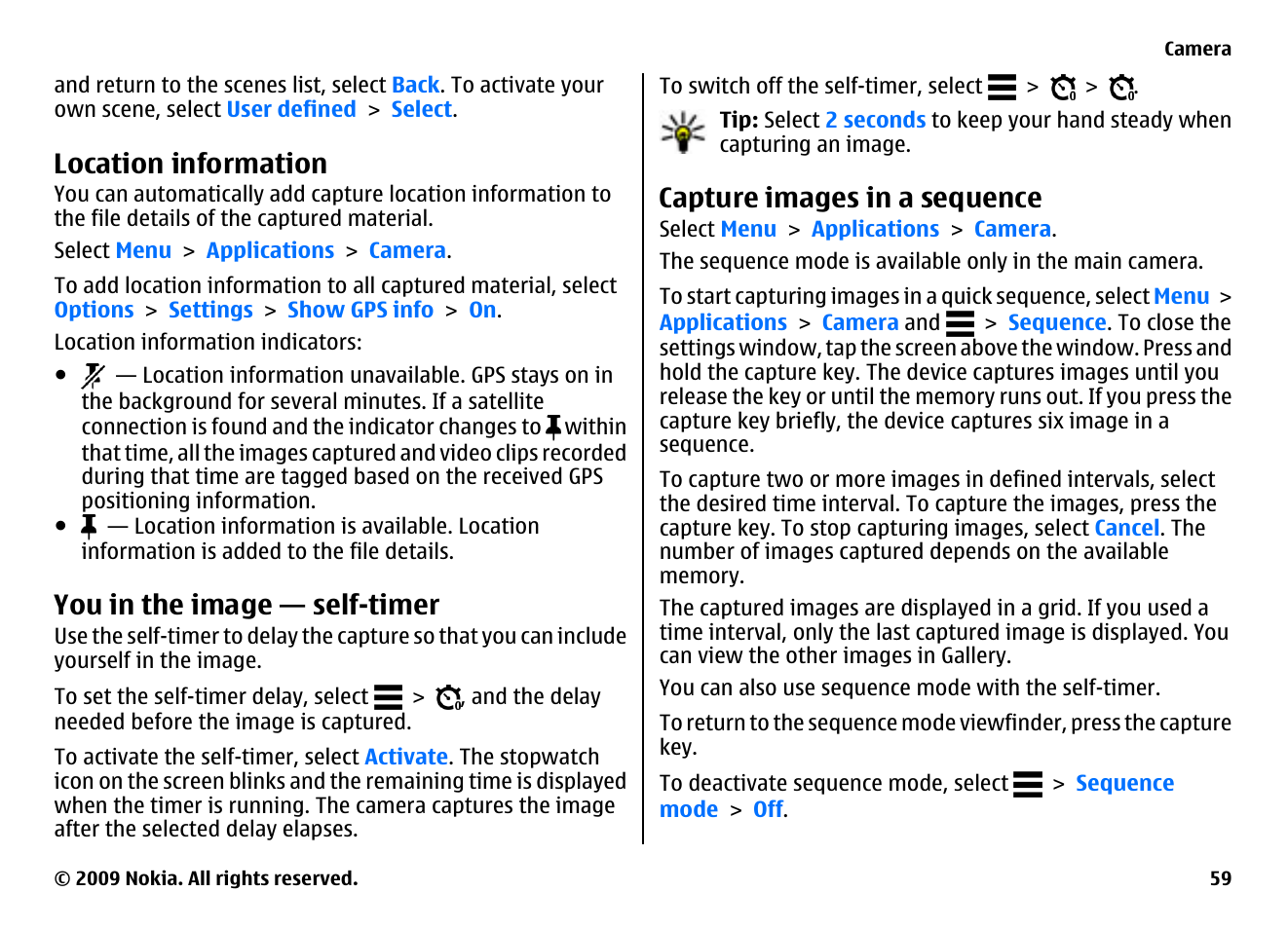 Location information, You in the image — self-timer, Capture images in a sequence | Nokia XPRESSMUSIC 5800 User Manual | Page 59 / 116
