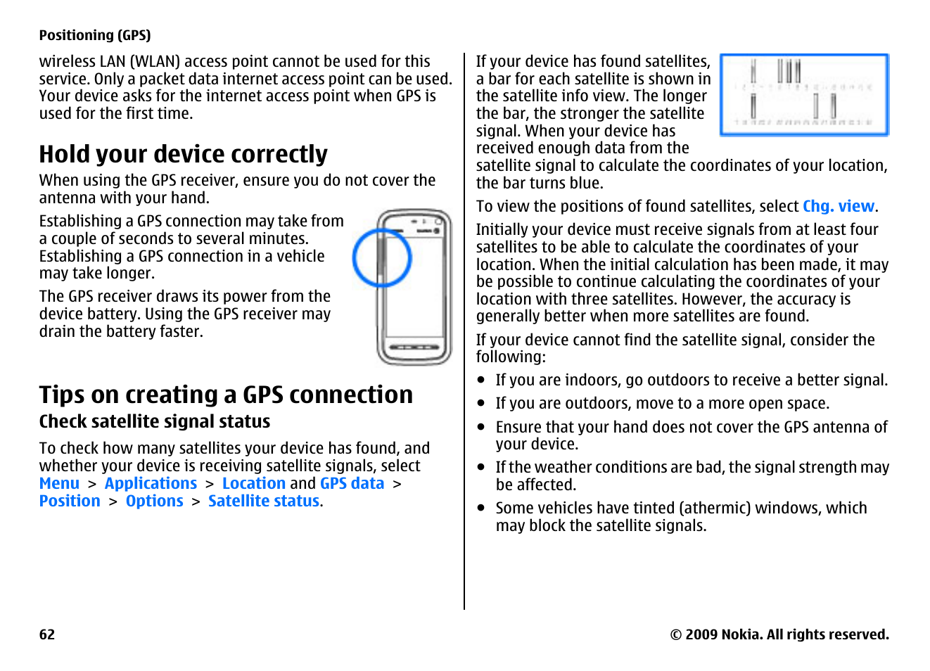 Hold your device correctly, Tips on creating a gps connection | Nokia XPRESSMUSIC 5800 User Manual | Page 62 / 116