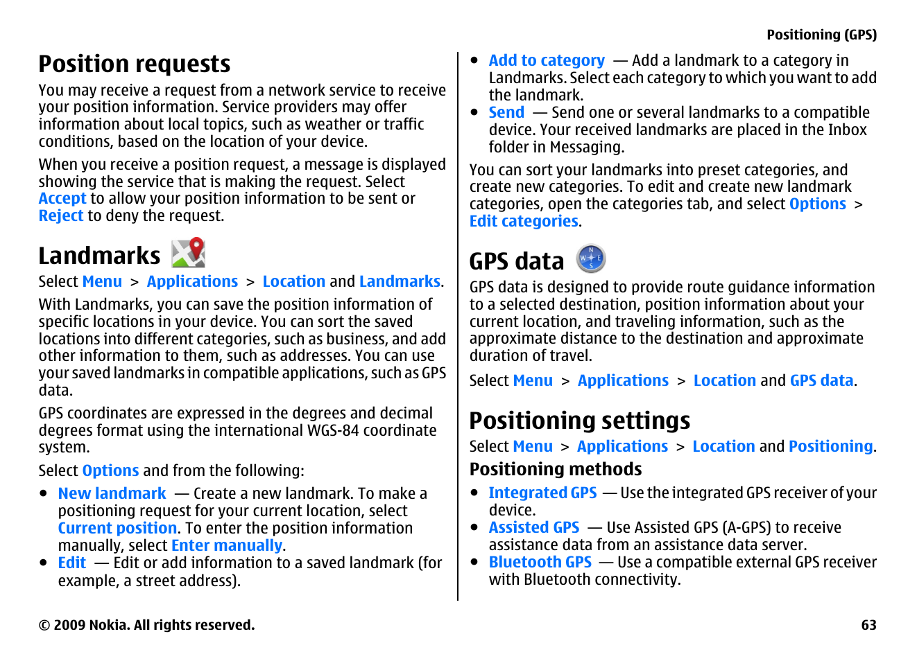 Position requests, Landmarks, Gps data | Positioning settings | Nokia XPRESSMUSIC 5800 User Manual | Page 63 / 116
