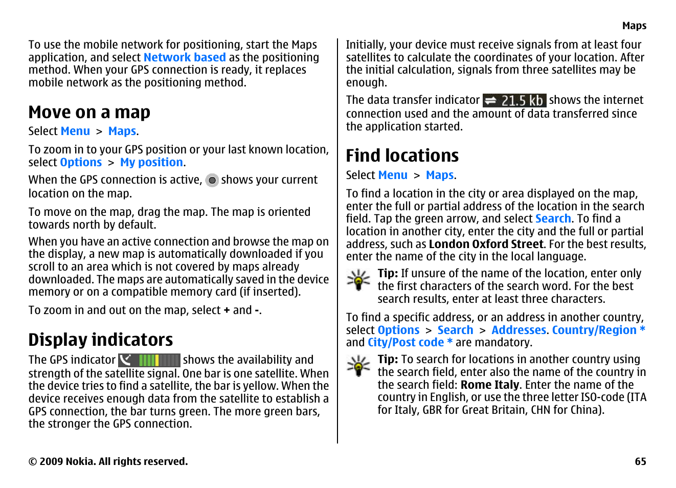 Move on a map, Display indicators, Find locations | Nokia XPRESSMUSIC 5800 User Manual | Page 65 / 116