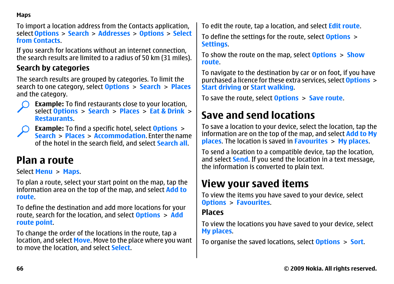 Plan a route, Save and send locations, View your saved items | Nokia XPRESSMUSIC 5800 User Manual | Page 66 / 116