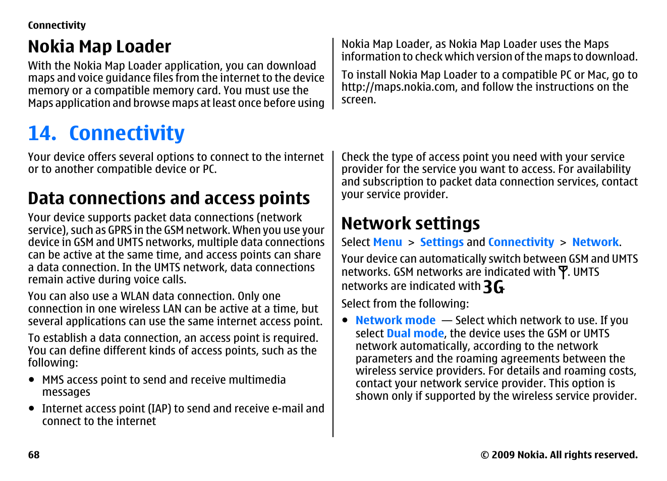 Nokia map loader, Connectivity, Data connections and access points | Network settings | Nokia XPRESSMUSIC 5800 User Manual | Page 68 / 116