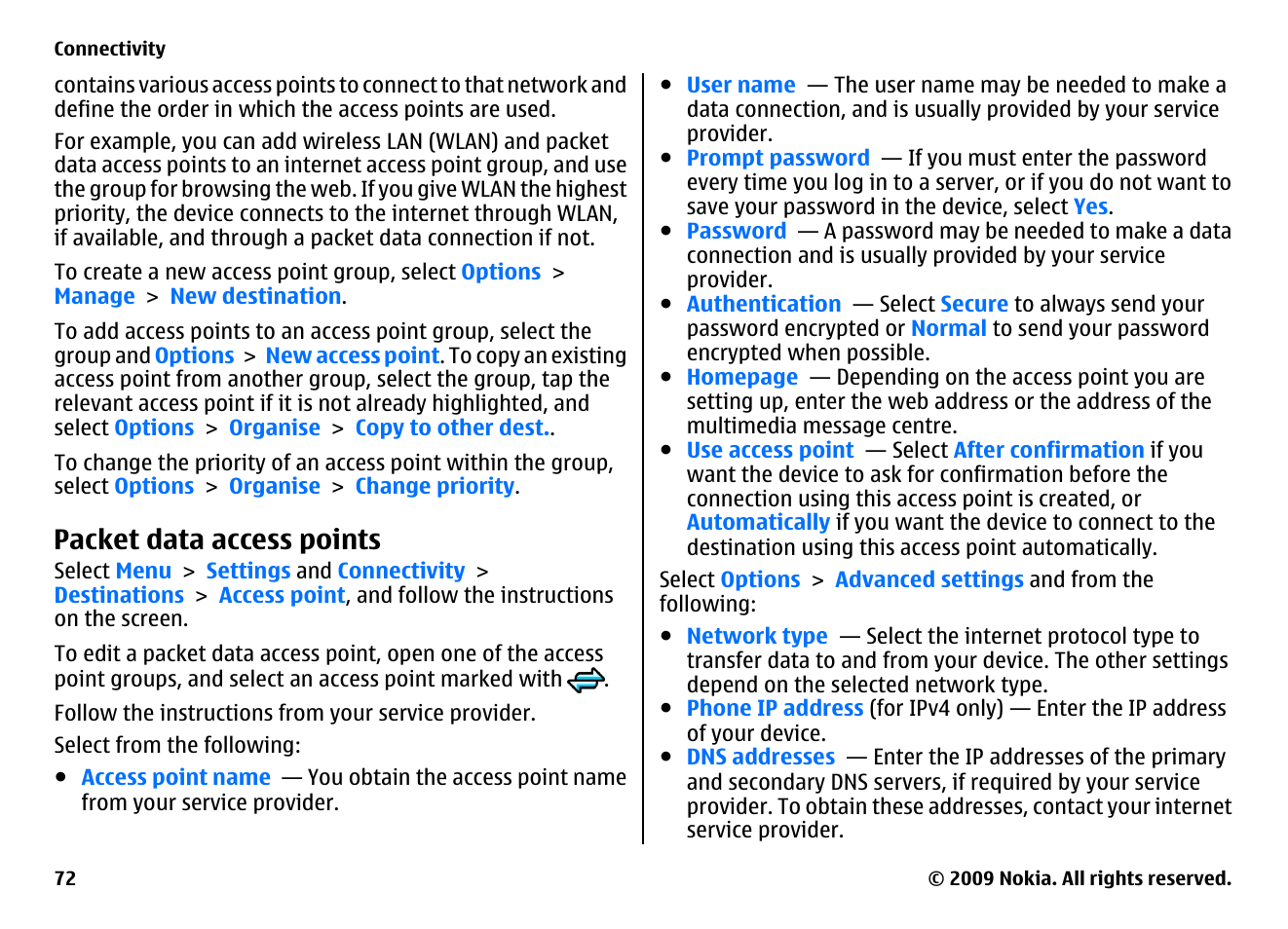 Packet data access points | Nokia XPRESSMUSIC 5800 User Manual | Page 72 / 116