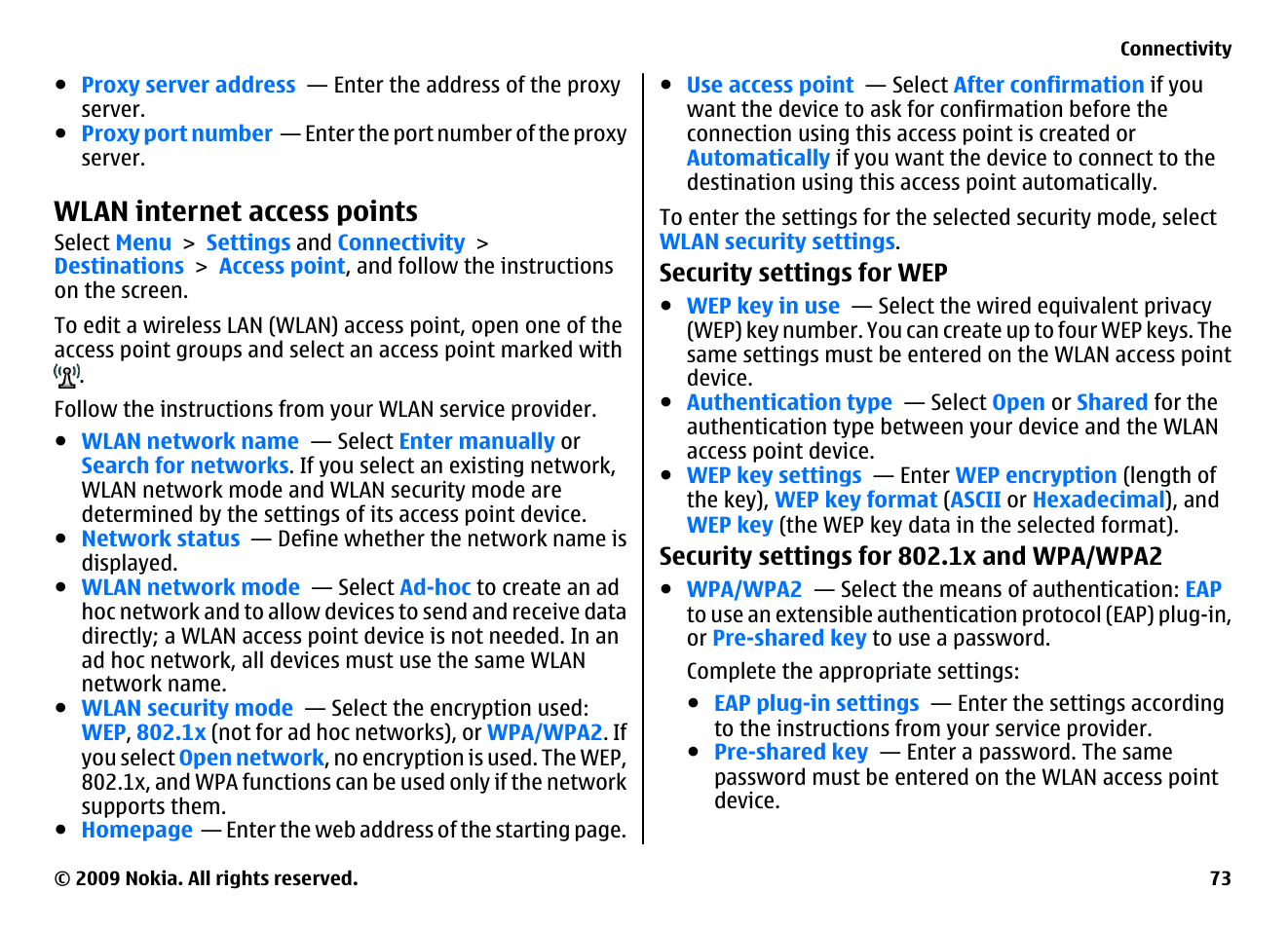 Wlan internet access points | Nokia XPRESSMUSIC 5800 User Manual | Page 73 / 116
