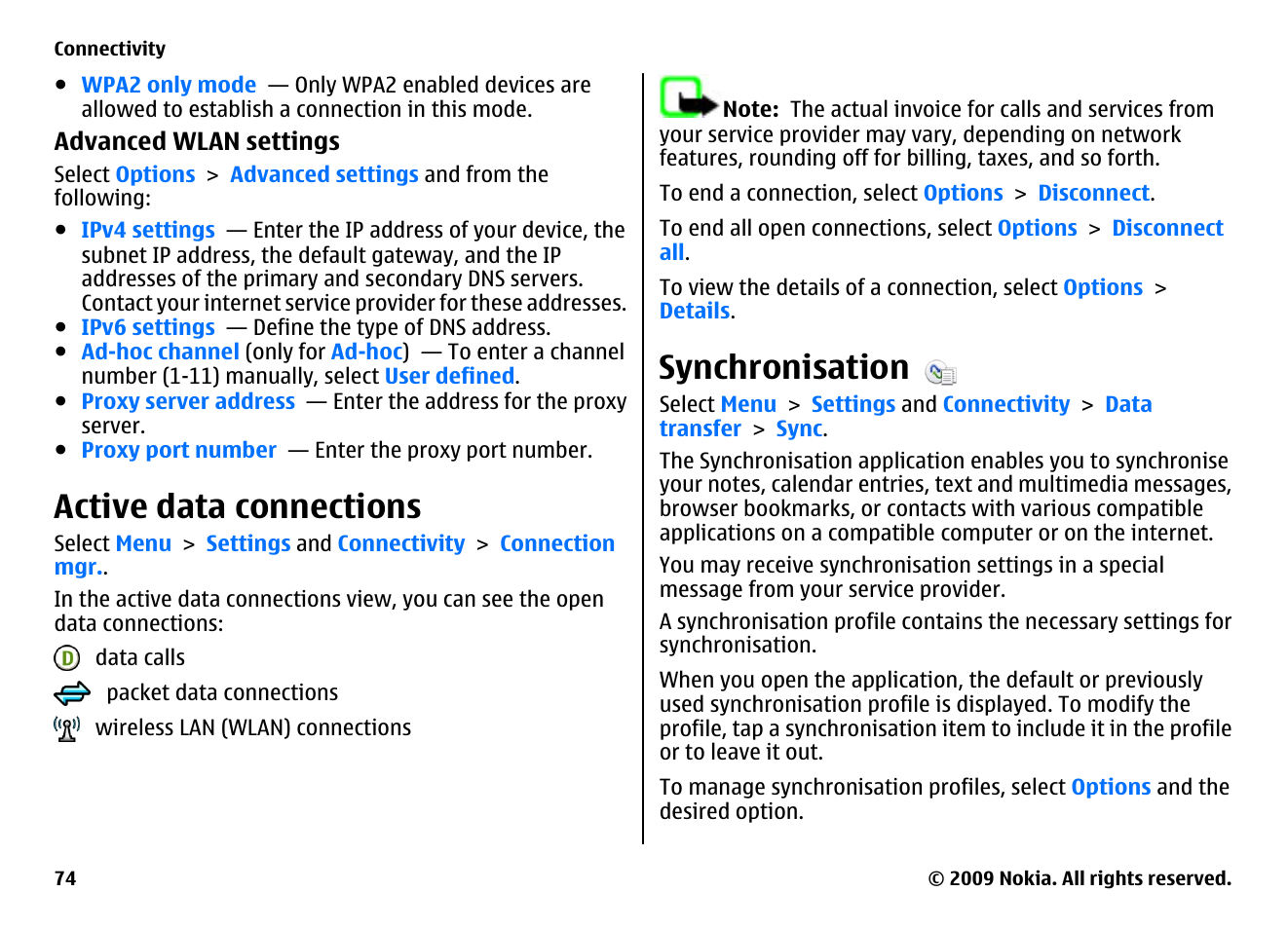 Active data connections, Synchronisation | Nokia XPRESSMUSIC 5800 User Manual | Page 74 / 116
